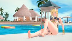 1girls 3d artoria_pendragon_(lancer) bangs big_ass big_butt blonde_hair crown fate_(series) female female_only flower_in_hair hidekimotto jewelry koikatsu light_skin looking_at_viewer medium_breasts painted_nails painted_toenails pool poolside resort slim_waist smile smiling_at_viewer solo sunny swimsuit teal_eyes tied_hair water wristwear