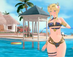 1girls 3d artoria_pendragon_(lancer) bangs big_ass big_butt blonde_hair crown fate_(series) female female_only flower_in_hair hidekimotto jewelry koikatsu light_skin looking_at_viewer medium_breasts painted_nails painted_toenails pool poolside resort slim_waist smile smiling_at_viewer solo sunny swimsuit teal_eyes tied_hair water wristwear