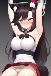 ai_generated armpits arms_up big_breasts blush bondage bound bound_wrists brooch brown_hair crying huge_breasts imaizumi_kagerou kagerou_imaizumi large_breasts microskirt miniskirt novelai pattern_panties pink_panties print_panties red_eyes red_microskirt red_miniskirt red_skirt restrained skirt striped_panties touhou trembling tubetop white_panties white_topwear white_tubetop wolf_ears wolf_girl wolf_tail you_gonna_get_raped