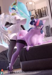 3d alicorn anthro anthro_on_anthro areola bent_over breasts equid equine female footwear friendship_is_magic furry futa_on_female futanari hasbro high_heels highres holding_breast horn large_breasts mammal my_little_pony nipples princess_celestia_(mlp) rinny sex thighhighs twilight_sparkle_(mlp) unicorn wings