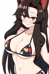 ai_generated bikini black_bikini blush bra brown_hair cleavage female floral_print imaizumi_kagerou kagerou_imaizumi large_breasts novelai orange_eyes panties print_bikini side-tie_bikini side-tie_panties smile swimsuit swimwear touhou wolf_ears wolf_girl