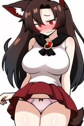 ai_generated blush blush bow_panties breasts brooch brown_hair embarrassed female imaizumi_kagerou kagerou_imaizumi large_breasts looking_away looking_down microskirt miniskirt novelai panties pantyshot pantyshot_(standing) red_eyes red_microskirt red_miniskirt red_skirt tank_top touhou white_panties white_tank_top white_topwear wolf_ears wolf_girl wolf_tail