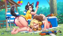 2girls animal_ears animal_tail ass ass_up blonde_hair blue_eyes detailed_background ear_piercing female female_only gun nerf nerf_gun panties pointy_ears ronindude ruthie_(ronindude) sassy_(ronindude) twintails underskirt whisker_markings wolf_ears wolf_girl wolf_tail