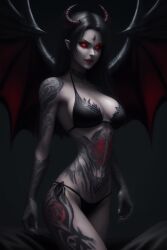 1girls ai_generated black_hair demon demon_girl demon_horns demon_wings demoness destrucart devil_girl devil_horns devil_wings female female_focus female_only red_eyes seductive seductive_look solo_female succubus succubus_horns succubus_wings