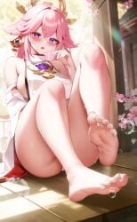 1girls animal_ears barefoot big_breasts blush compression_artifacts earrings fantongjun feet female female_only genshin_impact hair_ornament large_breasts legs long_hair looking_at_viewer pink_hair purple_eyes soles solo solo_female thick thick_thighs thighs voluptuous yae_miko