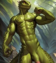 abs ai_generated anthro argonian balls bethesda_softworks forest glans green_body muscular muscular_anthro muscular_male navel penis red_eyes reptile riseflux scalie tail the_elder_scrolls trees