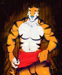 1boy anthro big_penis clothed clothing digibeawr felid feline frosted_flakes fur genitals hi_res kellogg's male male_only mammal mascot muscular muscular_anthro muscular_male orange_body orange_fur pantherine partially_clothed penis red_clothing solo striped_body stripes tiger tony_the_tiger white_body