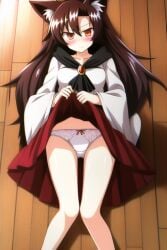 ai_generated bow_panties brooch brown_hair embarrassed female imaizumi_kagerou kagerou_imaizumi looking_at_viewer lying_on_back lying_on_floor medium_breasts novelai orange_eyes red_skirt skirt_lift smirk touhou white_panties white_topwear wolf_ears wolf_girl