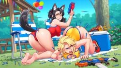 2girls animal_ears animal_tail ass ass_up blonde_hair blue_eyes detailed_background ear_piercing female female_only gun nerf nerf_gun one-piece_swimsuit pointy_ears ronindude ruthie_(ronindude) sassy_(ronindude) swimsuit twintails whisker_markings wolf_ears wolf_girl wolf_tail