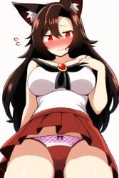 ai_generated blush blush bow_panties breasts brooch brown_hair embarrassed female from_below imaizumi_kagerou kagerou_imaizumi large_breasts looking_at_viewer looking_down miniskirt novelai panties pantyshot pantyshot_(standing) pink_panties pov print_panties red_eyes red_miniskirt red_panties red_skirt sweatdrop sweating touhou white_panties white_topwear wolf_ears wolf_girl