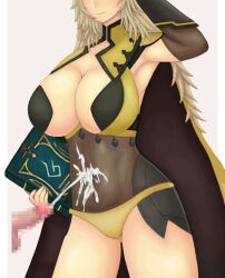 1boy 1girls armpits ass_visible_through_thighs bare_thighs blonde_hair bodystocking book cape censored cleavage clothed cum_on_body cumshot ejaculation female female_focus fire_emblem fire_emblem_fates hat large_breasts leotard male navel nintendo ophelia_(fire_emblem) panties revision roaamuje solo solo_focus thighs underwear yellow_panties