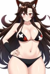 ai_generated arm_behind_head armwear bikini black_bikini black_bra black_panties black_swimsuit black_swimwear breasts brooch brown_hair butterfly_print cleavage female floral_print gauntlet hand_on_hip huge_hips imaizumi_kagerou kagerou_imaizumi large_breasts maple_leaf milf novelai panties print_bikini print_bra red_eyes swimsuit swimwear thick thick_thighs thigh_focus thighs touhou wide_hips wolf_ears wolf_girl wristwear