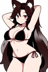 ai_generated arms_behind_head arms_up ass bikini black_bikini black_bra black_panties breasts brown_eyes brown_hair cleavage female imaizumi_kagerou kagerou_imaizumi medium_breasts novelai side-tie_bikini side-tie_panties smile swimsuit swimwear touhou wolf_ears wolf_girl