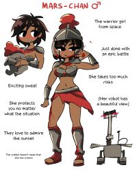 1girls bikini_armor blood blood_on_face bracer brown_hair character_profile dark-skinned_female dark_skin english_commentary english_text fymaxine helmet humanized humanized_planet mars-chan mars-chan_(fymaxine) metal_bra planet_girl red_skirt roman shin_guards shoulder_armor skirt solo solo_female standing tagme toeless_footwear tomboy