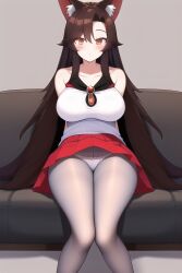 ai_generated brooch brown_hair couch imaizumi_kagerou kagerou_imaizumi large_breasts long_hair novelai orange_eyes panties panties_under_pantyhose pantyhose pantyshot sitting touhou white_panties white_pantyhose white_topwear wolf_ears wolf_girl