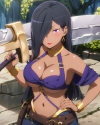 1girls ai_generated aisha_belka big_breasts busty dark-skinned_female dungeon_ni_deai_wo_motomeru_no_wa_machigatteiru_darou_ka female female_only hair_over_one_eye hand_on_hip long_hair midriff navel purple_hair smile solo stable_diffusion sword weapon