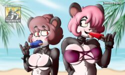 beach bikini bikini_top brown_hair choker gloves looking_at_another meili_(venomsquid) original original_characters panda pink_hair popsicle red_eyes satsujin_(venomsquid) shortstack smile sucking_popsicle sweat swimsuit swimwear venomsquid