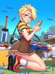 blonde_hair blue_eyes detailed_background ear_piercing female gameboy gun nerf nerf_gun panties pointy_ears ronindude sassy_(ronindude) side_view twintails underskirt