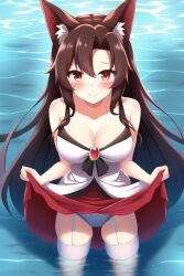 ai_generated blue_panties brown_hair cleavage garter_straps imaizumi_kagerou kagerou_imaizumi large_breasts long_hair looking_at_viewer novelai panties red_eyes skirt_lift smile standing_in_water stockings touhou wolf_ears wolf_girl