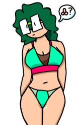 1girls bikini bikini_bottom bikini_top green_glasses green_hair nsfw_version_available oc original original_character sfw sfw_version solo_female speech_bubble teal_bikini