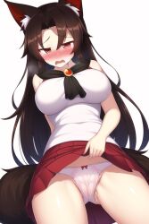 ai_generated bow_panties breasts brooch brown_hair cameltoe embarrassed female imaizumi_kagerou kagerou_imaizumi large_breasts lifting_skirt looking_away milf miniskirt moaning novelai panties partially_visible_vulva red_eyes red_miniskirt red_skirt skirt_lift sweating touhou vulva wet_panties white_panties white_topwear wolf_ears wolf_girl wolf_tail