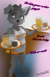 absurd_res alcohol alcoholic_drink anthro beer beverage bianca_(darkholm1) canid canine canis clothing colored condom darkholm1 female hi_res hooters hooters_uniform mammal pasties sexual_barrier_device shy solo text wet wet_clothing wolf