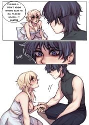 1boy 1girls asking_for_sex bangs bare_shoulders begging begging_for_sex blonde_female blonde_hair blue_eyes cleavage comic english_text female femsub genshin_impact holding_hands in_heat lumine_(genshin_impact) male maledom nomi_owo page_1 scaramouche_(genshin_impact) short_hair_with_long_locks sleeveless speech_bubble straight text yellow_eyes