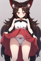 ai_generated bow_panties brooch brown_hair crying embarrassed imaizumi_kagerou kagerou_imaizumi looking_at_viewer looking_down novelai panties polka_dot_panties print_panties red_eyes red_skirt skirt_lift touhou white_panties white_topwear wolf_ears wolf_girl wristwear