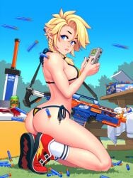 ass bikini blonde_hair blue_eyes detailed_background ear_piercing female gameboy gun nerf nerf_gun ronindude sassy_(ronindude) side_view sideboob twintails