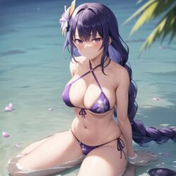 1girls ai_generated beach big_breasts bikini braided_ponytail choclobollo female female_only flower flushed genshin_impact long_hair long_ponytail purple_eyes purple_hair raiden_shogun sitting sitting_on_water water