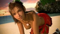 16:9_aspect_ratio 3d all_fours beach breasts brown_eyes brown_hair clothing earrings female female_only final_fantasy final_fantasy_vii final_fantasy_vii_rebirth hanging_breasts high_resolution initial_a jewelry large_breasts large_filesize lips looking_at_viewer medium_breasts necklace nipples ocean outdoors priscilla_(final_fantasy) realistic sarong seashell shell skirt sky small_breasts smile solo tied_hair topless very_high_resolution water