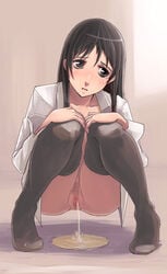 1girls black_hair blush clothing kuroyagi pee_squat_outdoors peeing pubic_hair pussy stockings urine