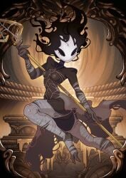 1girl belly_piercing black_body breasts hollow_knight hollow_knight:_silksong hollow_knight_(franchise) nipple_piercing phantom_(hollow_knight) piercing ripped_clothes ripped_clothing small_breasts solo solo_female team_cherry weapon