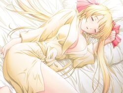 akehime_saki bathrobe blonde_hair blush kyouhaku_2 large_breasts lying open_clothes open_mouth ribahara_aki ribbon sleeping tagme