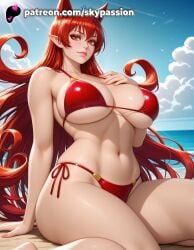 1girls 2025 ai_assisted ai_generated anime artist_name azazel_ameri beach big_breasts bikini bird blue_sky breasts bust cloud explicit female hi_res high_quality high_resolution highres humanoid long_hair looking_at_viewer mairimashita!_iruma-kun navel patreon patreon_username pointy_ears red_bikini red_hair seagull side-tie_bikini sitting sky skypassion solo stable_diffusion swimsuit watermark