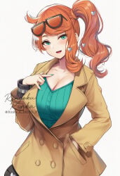 1girls aqua_eyes artist_name artist_request big_breasts blush breasts brown_coat cleavage coat collarbone eyewear_on_head hair_ornament heart heart_hair_ornament large_breasts long_hair long_sleeves looking_at_viewer open_mouth orange_hair pokemon pokemon_ss side_ponytail smile solo sonia_(pokemon) trench_coat