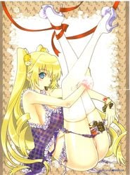 blonde_hair blue_eyes chocolate eating high_heels panties ribbon sakuraniku_umatarou see-through sheer thighhighs tied_hair twintails wink