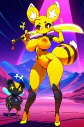 ai_generated anthro breasts female high_resolution holding_sword holding_weapon large_breasts mark800 mecha mountain neon_lights robot sword thick_thighs voluptuous wasp_waist