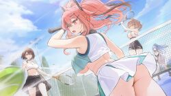 4girls ass ass_focus azur_lane ball baltimore_(azur_lane) baltimore_(black_ace)_(azur_lane) blue_hair breasts bremerton_(azur_lane) bremerton_(scorching-hot_training)_(azur_lane) brown_hair clemenceau_(azur_lane) clemenceau_(splendid_breeze)_(azur_lane) female game_cg gluteal_fold highres holding holding_racket jumping large_breasts marco_polo_(azur_lane) multiple_females multiple_girls net no_bra no_panties non-web_source pink_eyes pink_hair ponytail racket red_eyes short_hair sportswear surprised tennis_ball tennis_court tennis_racket tennis_uniform twintails underboob upskirt yellow_eyes