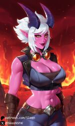 1girls abs ai_generated big_breasts breasts busty cleavage clothed clothed_female clothing crop_top cropped_jacket demon demon_girl demon_horns demon_vi eye_contact female female_only hell league_of_legends looking_at_viewer pink_skin revealing_clothes riot_games sleen smile smiling smiling_at_viewer vi white_hair