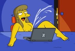artist_signature breasts completely_nude computer cum female kitchen lakikoopax laura_powers legs_up long_hair masturbation nipples open_mouth pc pleasure_face spread_legs squirting table the_simpsons tongue tongue_out