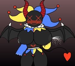 2d backrooms backrooms_creature black_body blush breasts breasts_bigger_than_head breasts_out corruption creature digital_art digital_drawing entity entity-99_(backrooms) entity_99 female gigantic_breasts gradient_background heart holding_breast holding_own_breast huge_breasts jester jester_girl jester_hat lactating lactation large_breasts leaking_milk long_sleeves monster monster_girl nipples pussy red_eyes red_horns red_mouth red_tattoo sansynsfw simple_background sleeves succubus succubus_corruption succubus_horns succubus_tail succubus_tattoo succubus_wings tagme the_backrooms the_game_master the_gamemaster the_pantheon_(the_backrooms)