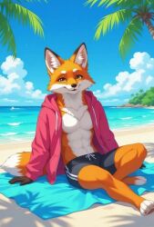 ai_generated anthro beach beach_background beach_towel body_invasion brown_eyes female fox fox_boy furry ghost ghost_girl grok male muscular muscular_male oral orange_body orange_fur pink_hoodie possession shorter_than_10_seconds sound tagme video vore