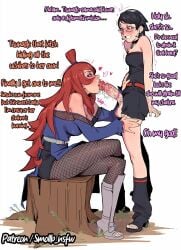 2girls age_difference artist_name balls bare_shoulders big_balls big_breasts big_penis black_hair blush boruto:_naruto_next_generations boruto:_two_blue_vortex breasts cleavage english_text erection erection_under_clothes erection_under_skirt fellatio female fishnets fully_clothed futa_on_female futa_with_female futanari glasses green_eyes hair_over_one_eye highres intersex large_breasts lips lipstick_on_penis long_hair makeup mature_female mei_terumi multiple_females multiple_girls naruto naruto_(series) older_female open_mouth oral penis pink_lipstick red_hair sarada_uchiha senin short_hair sloppy_blowjob smile smollb_nsfw terumi_mei testicles uchiha_sarada uncensored veiny_penis very_long_hair