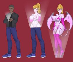 anonymous_artist big_breasts bikini blonde_hair blush bottomwear breast_growth breasts clock clothing demon demon_humanoid digital_media_(artwork) footwear futanari gender_transformation genitals gloves growth hair handwear hi_res high_heels hoodie human human_to_humanoid humanoid humanoid_pointy_ears intersex looking_at_viewer male mammal membrane_(anatomy) membranous_wings mtg_transformation mti_transformation navel nipple_outline not_furry open_mouth pants penis pink_bikini pink_clothing pink_gloves pink_handwear pink_swimwear pointy_ears ponytail red_background sequence shoes simple_background smile solo spade_tail species_transformation swimwear tail tail_growth topwear transformation two-piece_swimsuit watch wing_growth wings wristwatch
