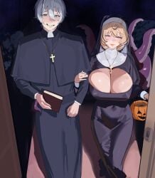 1boy 1girls absurdres age_difference big_breasts black_dress blonde_hair breasts cleavage cleavage_cutout clothing_cutout commentary cross cross_necklace dress english_commentary female forced_smile grey_hair guimpe hair_between_eyes halloween_bucket halloween_costume highres hintobento jewelry large_breasts locked_arms long_sleeves looking_at_viewer male milf mommy necklace nun paid_reward_available priest purple_eyes short_hair tentacle wimple wise_(zenless_zone_zero) yidhari_murphy zenless_zone_zero