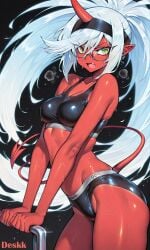 1girls ai_generated artist_name athletic athletic_female big_ass big_breasts big_butt big_thighs black_background blue_hair demon demon_girl demon_tail deskk embarrassed glasses green_eyes hi_res kneesocks_daemon long_hair one_horn oni_female panty_&_stocking_with_garterbelt ponytail red_body red_skin shocked simple_background solo solo_female solo_focus sports_bra sports_uniform standing steam tail thick_thighs thighs tight_clothing