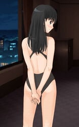 amagami ayatsuji_tsukasa bare_shoulders black_hair blush hands_behind_back long_hair looking_back night on_back solo swimsuit thighs window