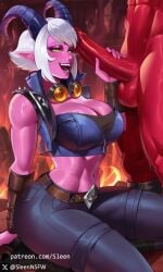 1boy 1boy1girl 1girls abs ai_generated big_breasts big_penis breasts busty cfnm cleavage clothed clothed_female clothed_female_nude_male clothing crop_top cropped_jacket curvy demon demon_boy demon_girl demon_horns demon_vi female handjob hell kneeling kneeling_female league_of_legends male open_mouth penis pink_skin revealing_clothes riot_games sleen smile smiling straight vi white_hair wide_hips