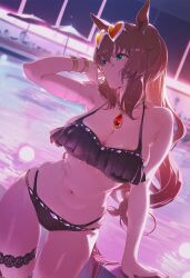 1girls ai_generated animal_ears aqua_eyes artist_request big_breasts blue_eyes breasts brown_hair female maruzensky_(umamusume) midriff pool poolside swimsuit umamusume umamusume_pretty_derby